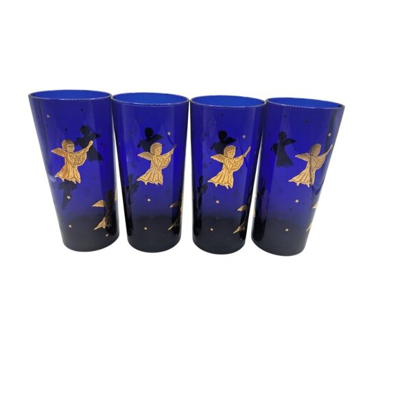 VTG Set 4 Cobalt Blue Cherub Culver Drinking Glass Tom Collins Barware 22K Gold - Picture 7 of 10